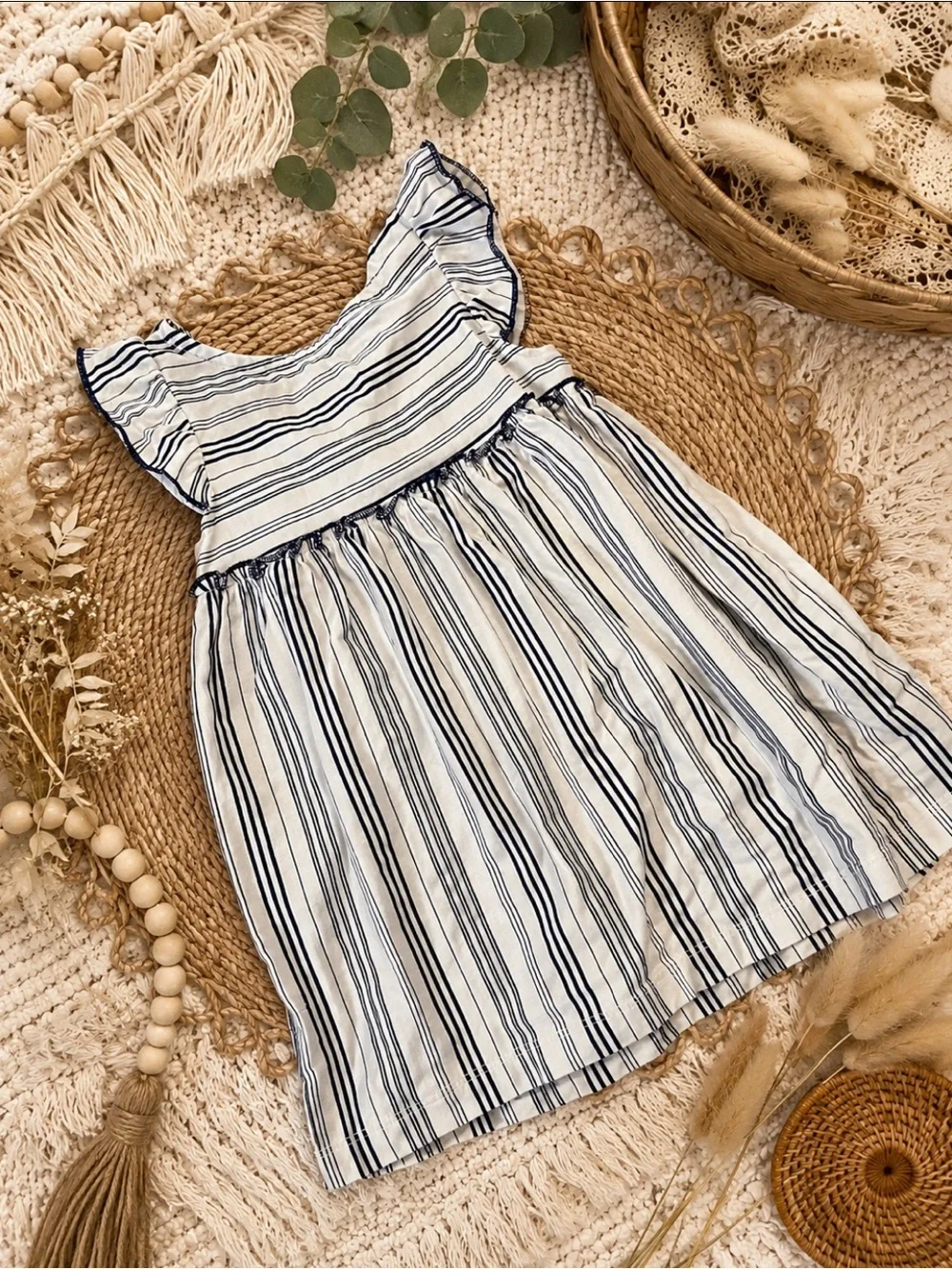 Carter’s Striped Toddler Girl Dress 12 Months Navy White Flutter Sleeve #2778